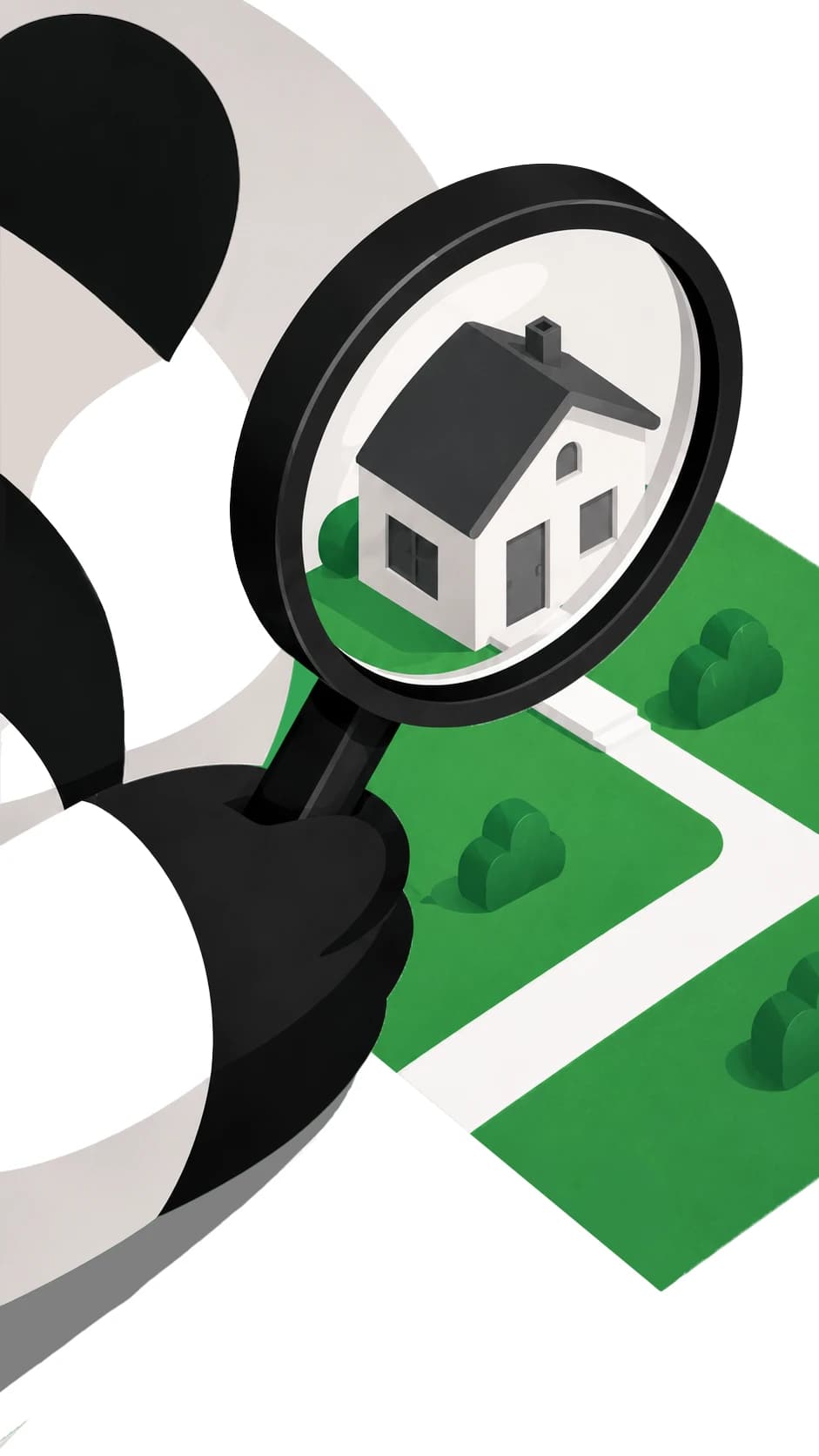 Panda inspecting a home through a magnifying glass