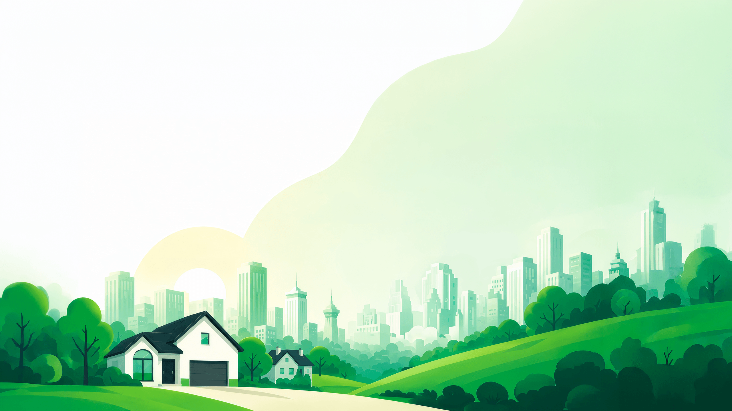 A city skyline behind green hills